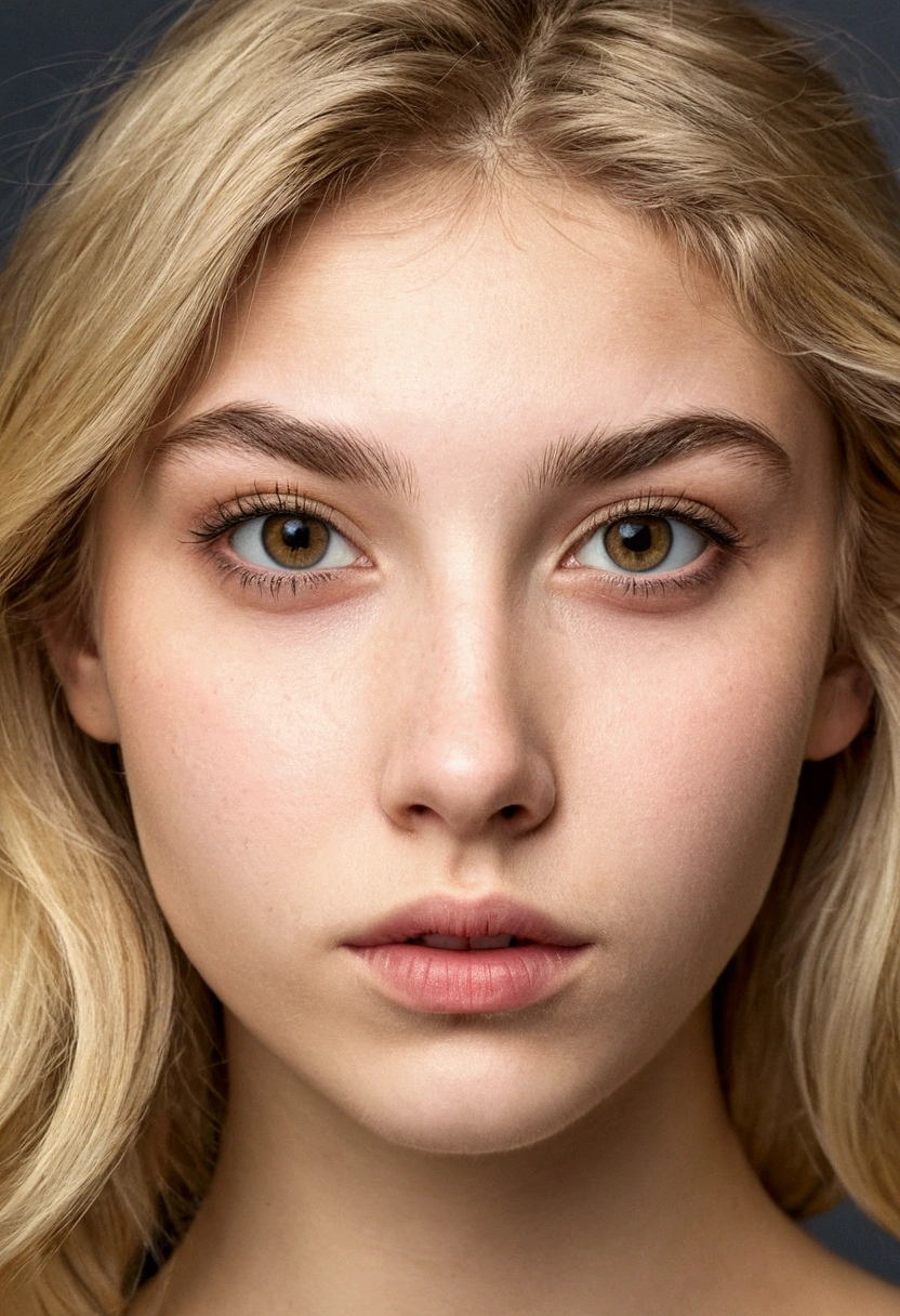 femme très réaliste, jeune, 17 ans, cheveux blond, trait de visage réaliste, regard la camera, espagnol, regard de coquine