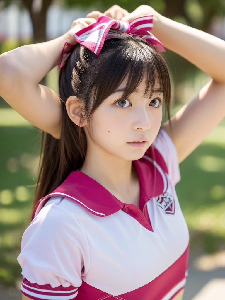 ((highest quality, masterpiece :1.3)), Photorealistic、Ultra-high resolution、Natural skin texture、Hyperrealism、Reflection from the waist up、Beautiful Japanese girl in her early teens、One girl、Larger breasts、Pink cheerleader uniform、Frightened expression、Eyes are unfocused