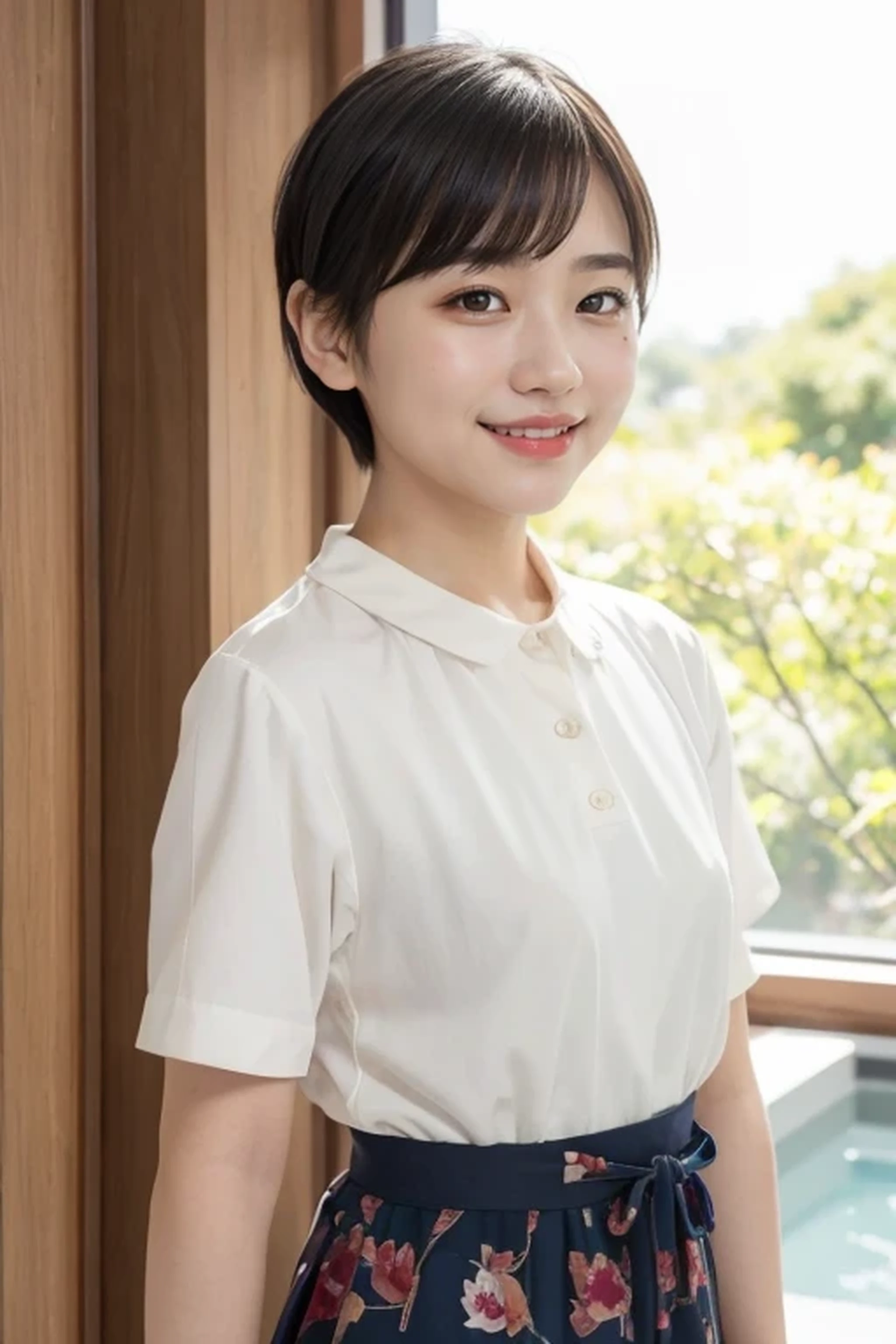 (natural lighting:1.3), 8k, RAW photo, best quality, masterpiece, realistic, photo-realistic, clear, beautiful face, no makeup, best quality, ultra high res, BREAK, Japanese cute girl, 14 years old, (very short cut hair:1.2), smile, standing, (election of nipples:1.2)