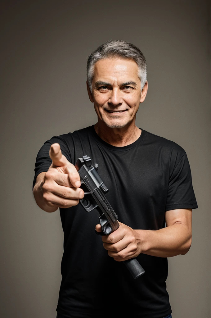 animate a 2d picture where a 21 year old boy pointing a gun with a evil smile at 55 year old man the 50 year old man should be beat up