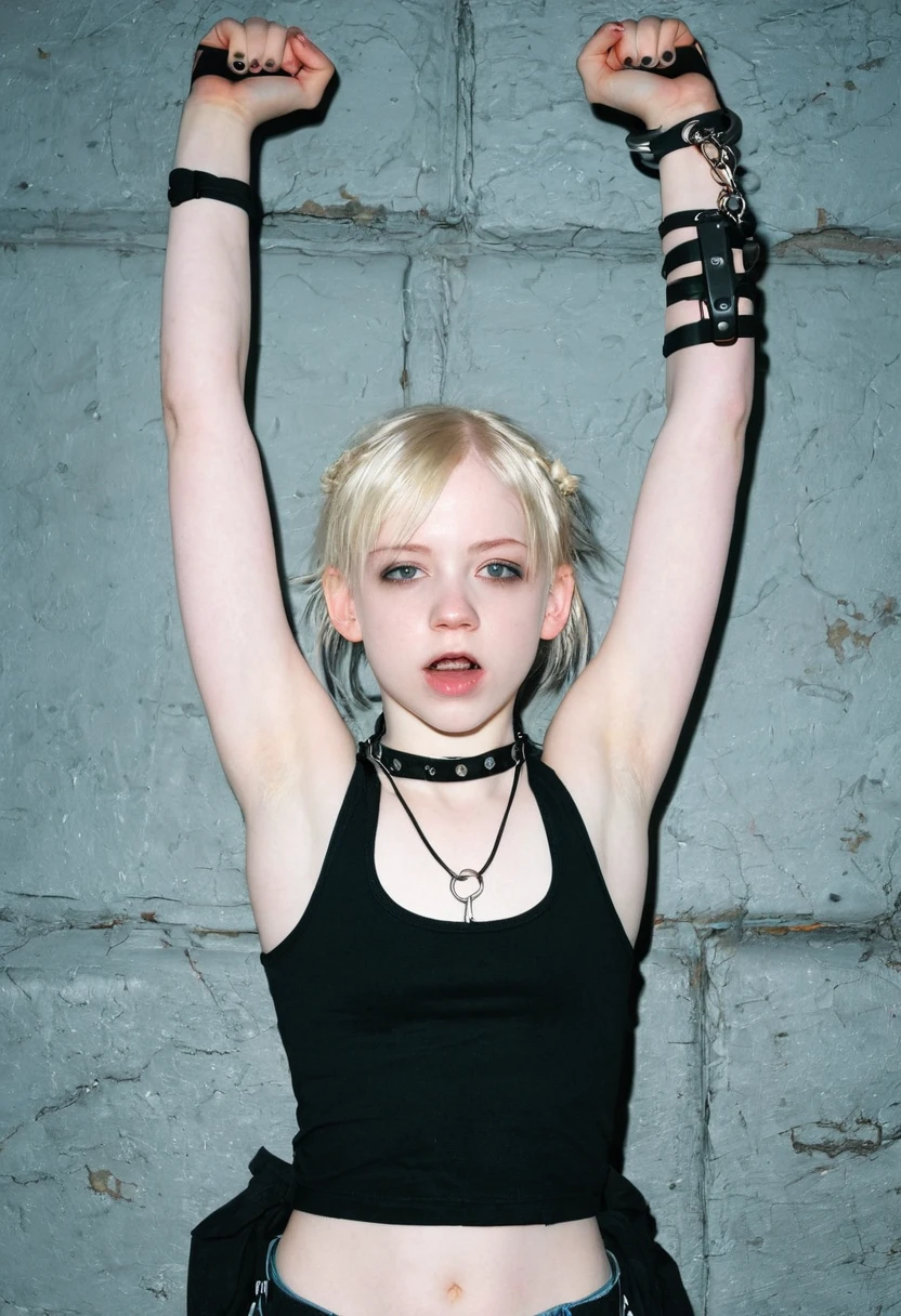 14 year old petiite cute girl in tank top, armpits, arms up, pale skin, white american, dyed blonde hair, gothic, handcuffs, bdsm, metal music, flat chested, tied up