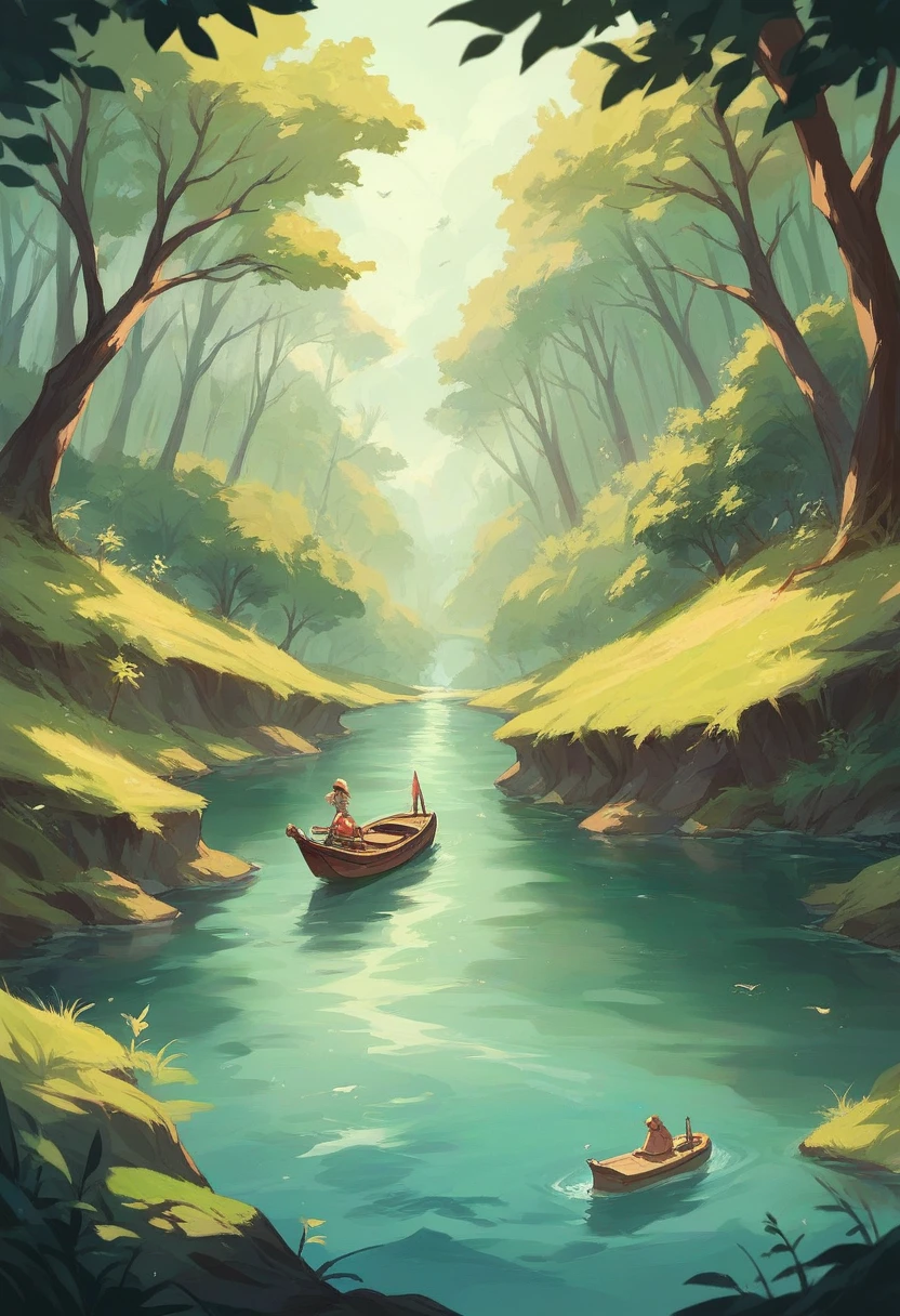 Romantic spring climate forest with stream river the beautiful morden attractive lady with headphone who ride the wooden antic boat on river