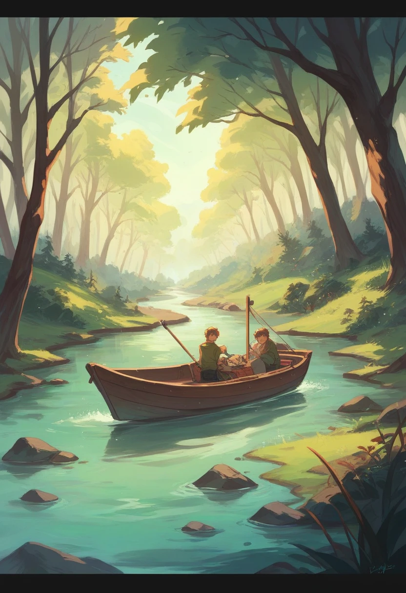 Romantic spring climate forest with stream river the beautiful morden attractive lady with headphone who ride the wooden antic boat on river 