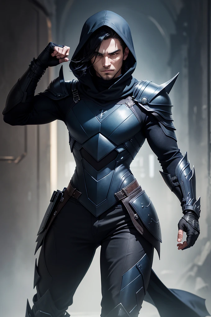 Special Power: Teleportation - Nyx can move instantaneously from one location to another without passing through the intervening space.

Costume:

Armor: Sleek, dark blue and black armor that fits snugly, allowing for maximum agility and stealth.
Pants: Flexible, dark-colored pants that facilitate swift movements.
Boots: Lightweight, dark boots designed to be silent and quick.
Gloves: Fingerless gloves that provide a firm grip on his daggers and chakram.
Cloak: A dark, hooded cloak that helps him blend into shadows and disappear when needed.
Physical Appearance:

Hair: Short, tousled black hair that stays out of his eyes during combat.
Eyes: Piercing green eyes that seem to see everything around him, always alert.
Build: Lean and muscular, built for speed and precision.
Face: Sharp features with a determined and intense expression, often with a hint of a smirk that reveals his confidence.