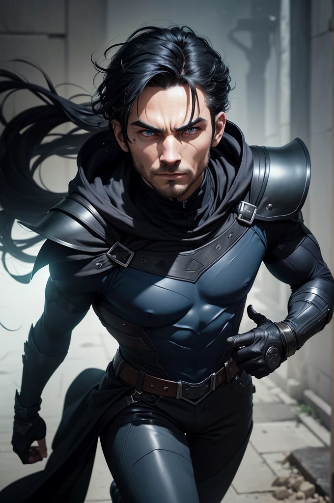 Special Power: Teleportation - Nyx can move instantaneously from one location to another without passing through the intervening space.
Costume:
Armor: Sleek, dark blue and black armor that fits snugly, allowing for maximum agility and stealth.
Pants: Flexible, dark-colored pants that facilitate swift movements.
Boots: Lightweight, dark boots designed to be silent and quick.
Gloves: Fingerless gloves that provide a firm grip on his daggers and chakram.
Cloak: A dark, hooded cloak that helps him blend into shadows and disappear when needed.
Physical Appearance:
Hair: Short, tousled black hair that stays out of his eyes during combat.
Eyes: Piercing green eyes that seem to see everything around him, always alert.
Build: Lean and muscular, built for speed and precision.
Face: Sharp features with a determined and intense expression, often with a hint of a smirk that reveals his confidence.