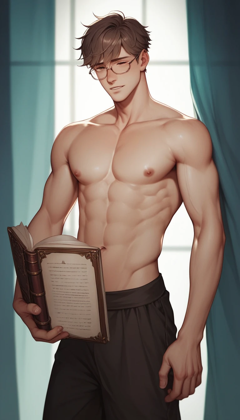 best quality, masterpiece, extremely detailed, handsome young man, skinny build, messy curtain bangs, thick-rimmed glasses, preppy style, holds books tightly to his chest, gay, homoerotic, romantic atmosphere, ambient lighting, extremely dramatic shadows, perfection, no watermark, no logo, no signature