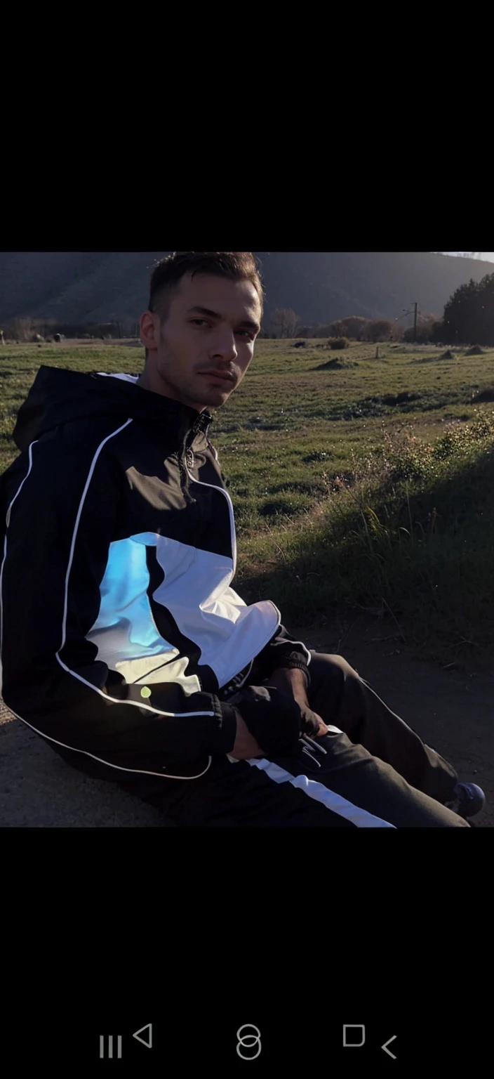 A guy in a tracksuit and a jacket half open