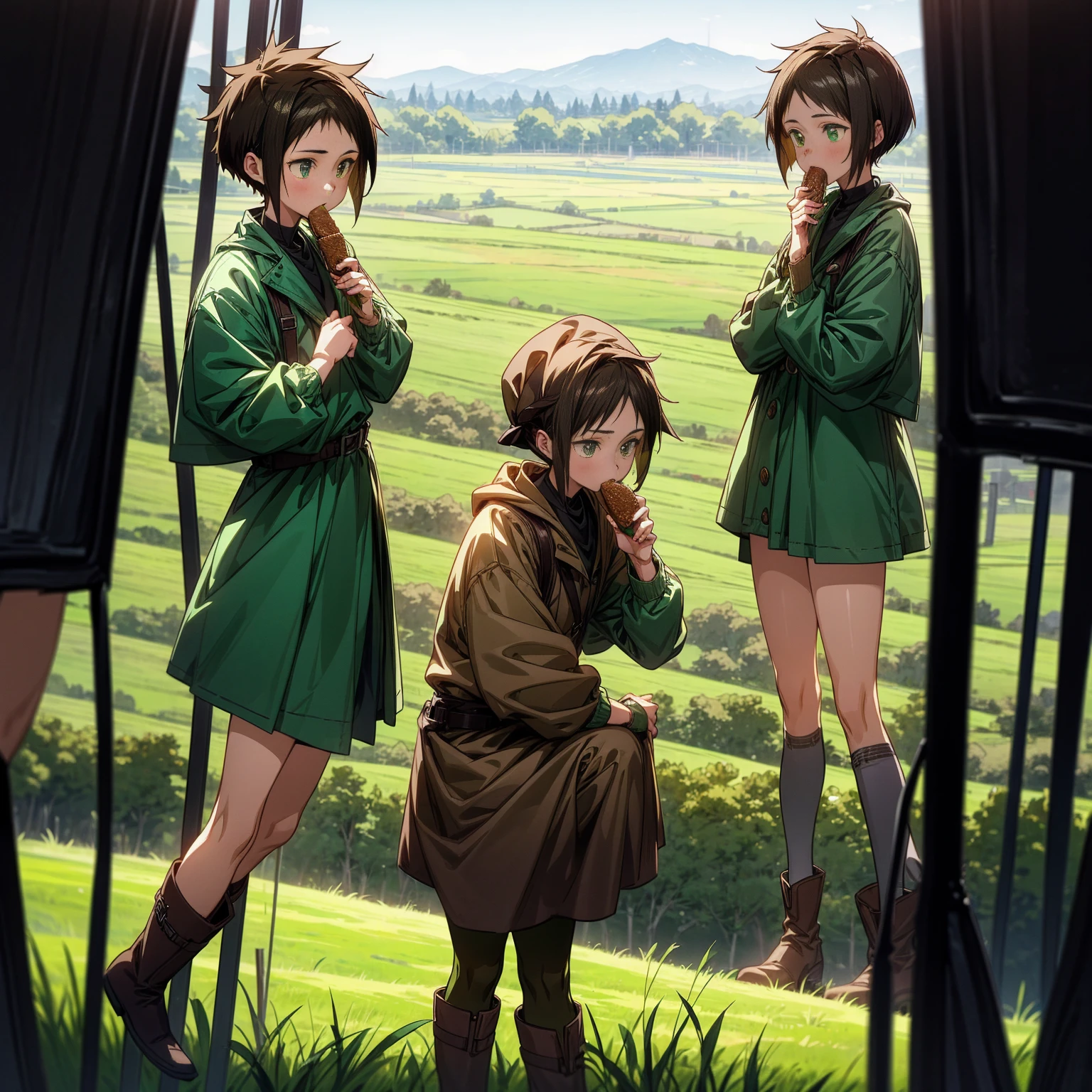 1girl, Full body version, 1character, green eyes, short haircut, brown color hair, Farmer style outfit, Boots, Grassroots, full background in field town, motion blur, lighting, (Hunter x Hunter style art), eating poses
