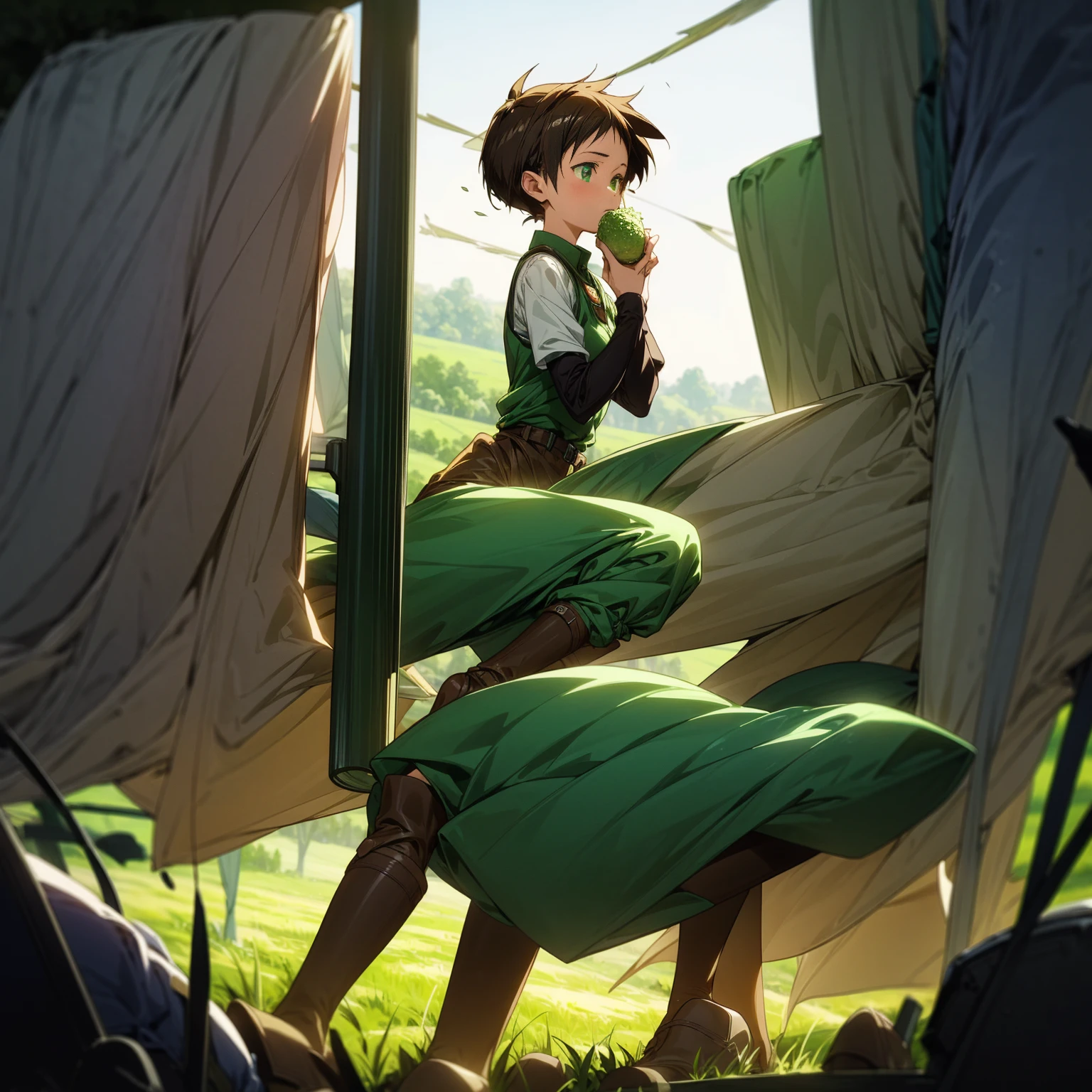 1girl, Full body version, 1character, green eyes, short haircut, brown color hair, Farmer style outfit, Boots, Grassroots, full background in field town, motion blur, lighting, (Hunter x Hunter style art), eating poses