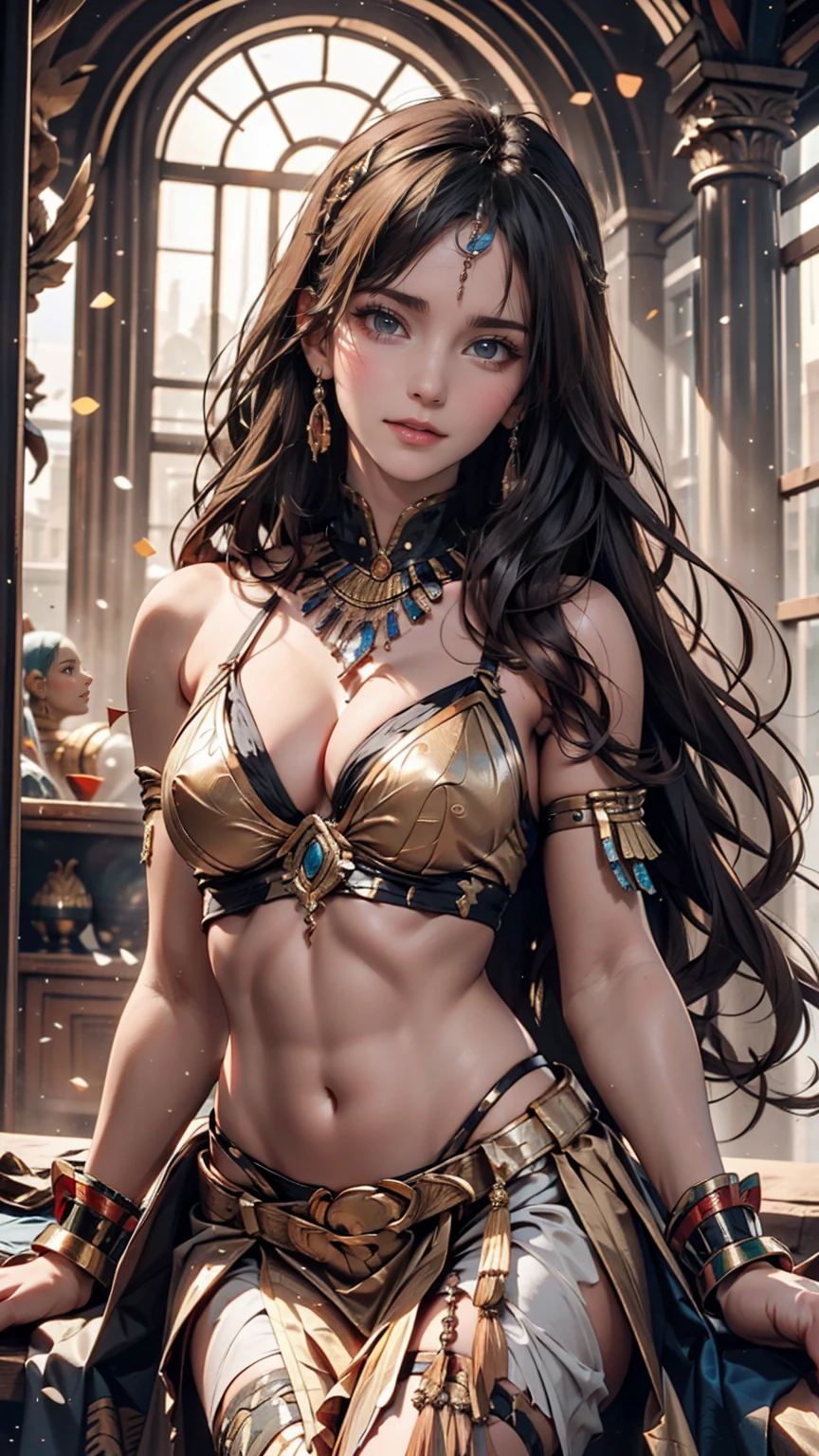 24-year-old ancient Egyptian woman、Ptolemaic Queen、Cleopatra、Unparalleled beauty、Black Hair、Iris、Straight bob hairstyle 、Straight bangs、Sexy proportions、Narrow waist、Ancient Egyptian Dynasty Accessories、Half naked