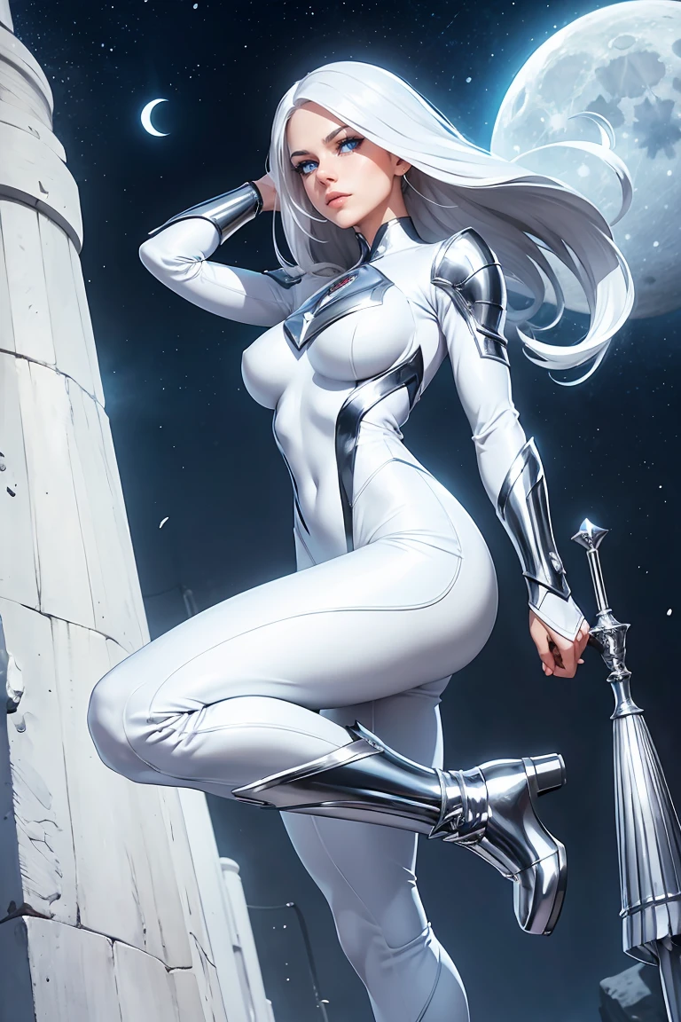 Super hero, tight white outfit with silver details, longCap, moon symbols, botas de cano longo, white silver hair, blue colored eyes