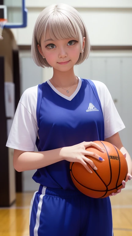 Basket Costume、Basketball uniform、Basketball court、basketball、1 girl、short hair、Silver Hair、Medium breast、Masterpiece 1.3、Highest quality、Raw photo、