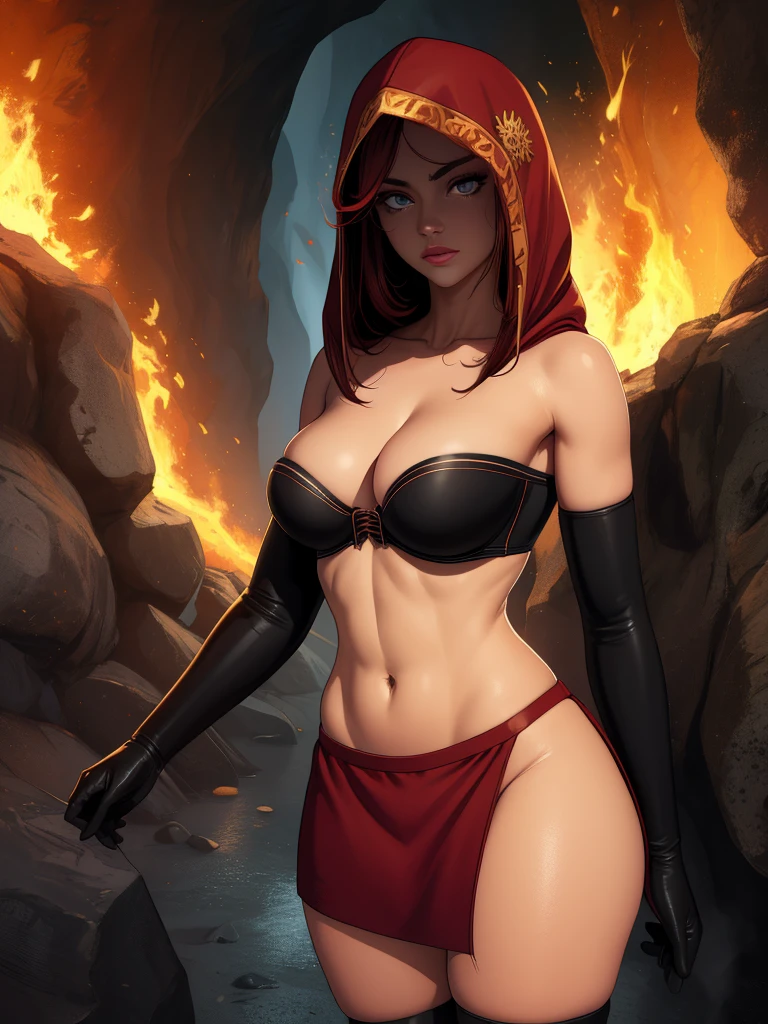 Dsorceress, redhair, shadowy face,dark cave, fire, hood, shadowed face, strapless bra, slim and athletic body, miniskirt, no panty, elbow gloves, dark skin, 1 girl (insanely detailed, masterpiece, best quality)