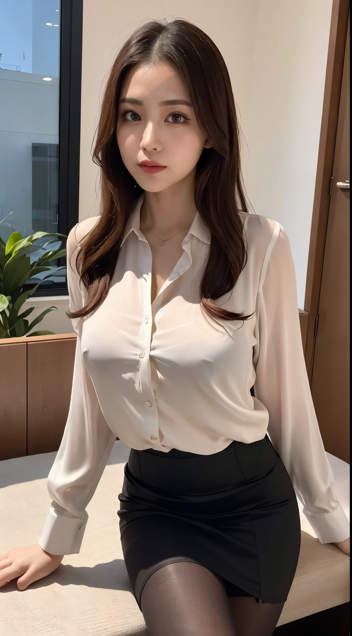 Seductive beautiful elite secretary in luxurious silk blouse、40 years、height 154cm、Well-proportioned body type、Hourglass illustration、Skirt and thighs、Sit on the bed、Troubled face、Office Clothes, (Wearing pantyhealistic pantyhose)、ng in the office、Wearing a satin blouse, Ultra-thin fabric、Smooth、See-through fabric、Wear high-quality high heels、 Blouse Girl, Wearing an elegant blouse, Wearing a very thin blouse, Businesswoman, Blouse and skirt, Wearing a silk blouse, Wear a shirt and skirt, Japanese Goddess、RAW Photos, (8k、Highest quality、masterpiece:1.2)、(Intricate details:1.4)、(Photorealistic:1.4)、Octane Rendering、Complex 3D rendering with ultra-detail, Studio Soft Light, Rim Light, Vivid details, Super Detail, Realistic skin texture, Detailed aspect, Beautiful details in the eyes, Highly detailed CG Unity 16k wallpaper, compensate, (Detailed Background:1.2), Glowing Skin、looked back、Exposed thighs!!!,