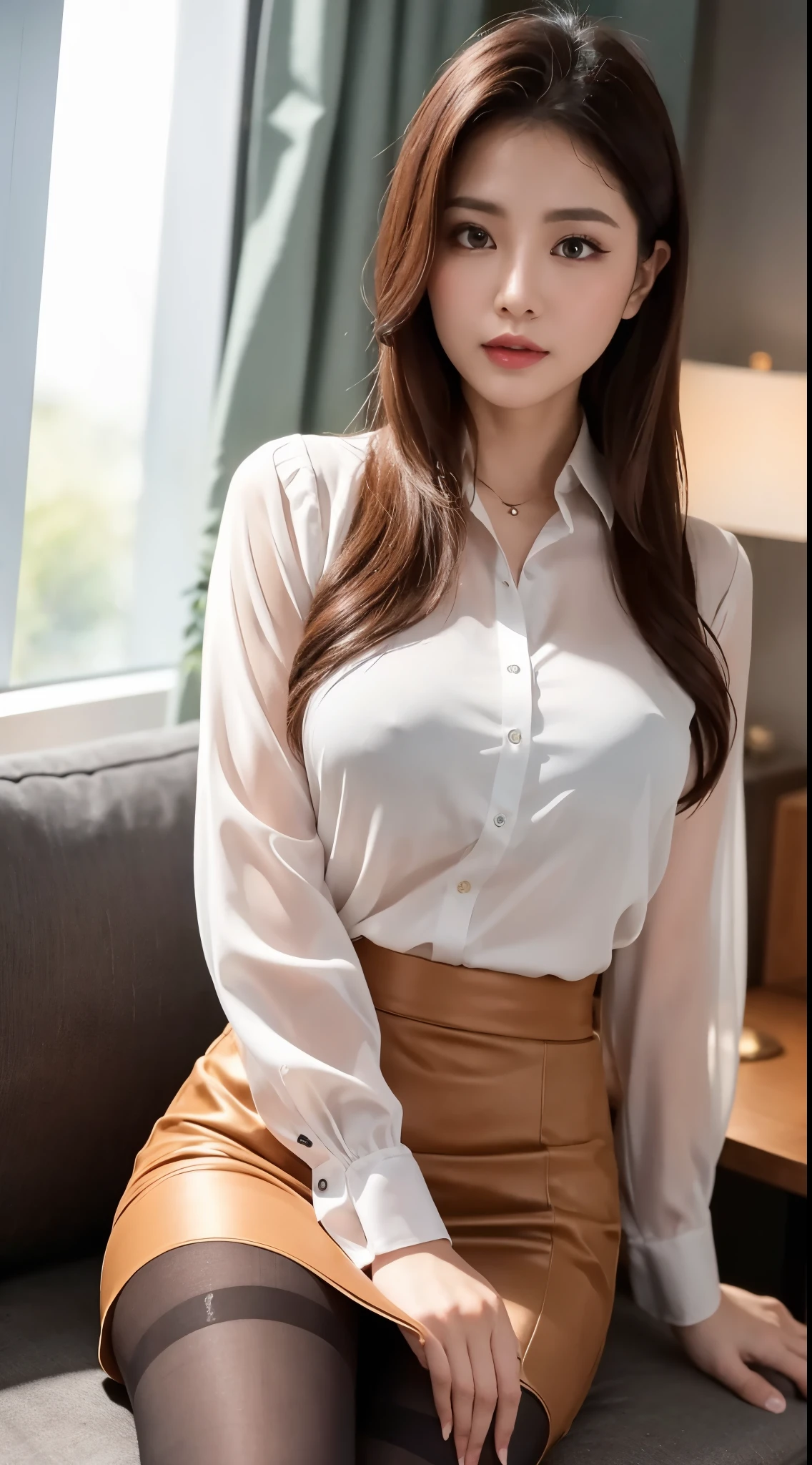 Seductive beautiful elite secretary in luxurious silk blouse、40 years、height 154cm、Well-proportioned body type、Hourglass illustration、Skirt and thighs、Sit on the bed、Troubled face、Office Clothes, (Wearing pantyhealistic pantyhose)、ng in the office、Wearing a satin blouse, Ultra-thin fabric、Smooth、See-through fabric、Wear high-quality high heels、 Blouse Girl, Wearing an elegant blouse, Wearing a very thin blouse, Businesswoman, Blouse and skirt, Wearing a silk blouse, Wear a shirt and skirt, Japanese Goddess、RAW Photos, (8k、Highest quality、masterpiece:1.2)、(Intricate details:1.4)、(Photorealistic:1.4)、Octane Rendering、Complex 3D rendering with ultra-detail, Studio Soft Light, Rim Light, Vivid details, Super Detail, Realistic skin texture, Detailed aspect, Beautiful details in the eyes, Highly detailed CG Unity 16k wallpaper, compensate, (Detailed Background:1.2), Glowing Skin、looked back、Exposed thighs!!!,