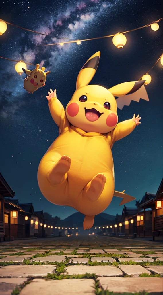 Two Pikachus moving at lightning speed,night,fair,Cobblestones,A person in a yukata panics々