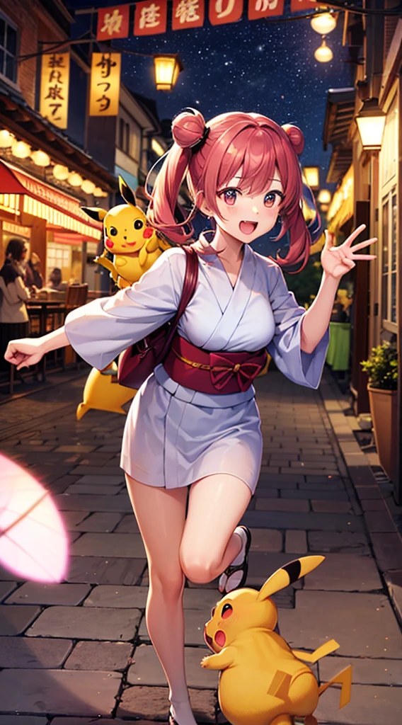 Two Pikachus moving at lightning speed,night,fair,Cobblestones,A person in a yukata panics々