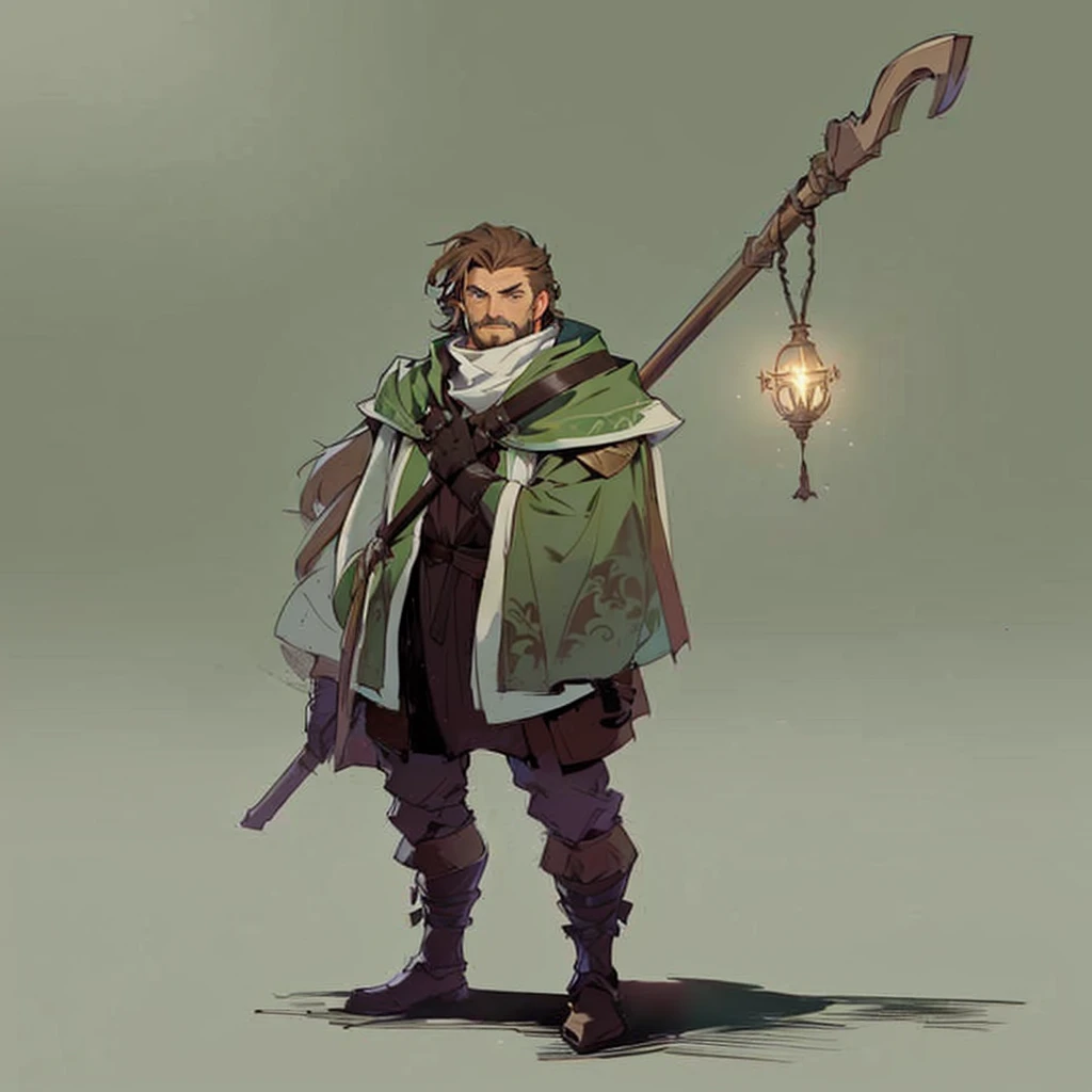 Close-up of a man in a staff costume,
((character concept art)), ((Character design sheet, same character, on front, from on the side, At the back))
Character image, medieval character design, medieval character design,
hair color: brown,
Age: youth, eyecolor: green,
he has a goatee,
He wears gloves on his hands,
He wears a large light green cape over his brown clothes.
He is a researcher, his short brown hair is always trimmed and clean.