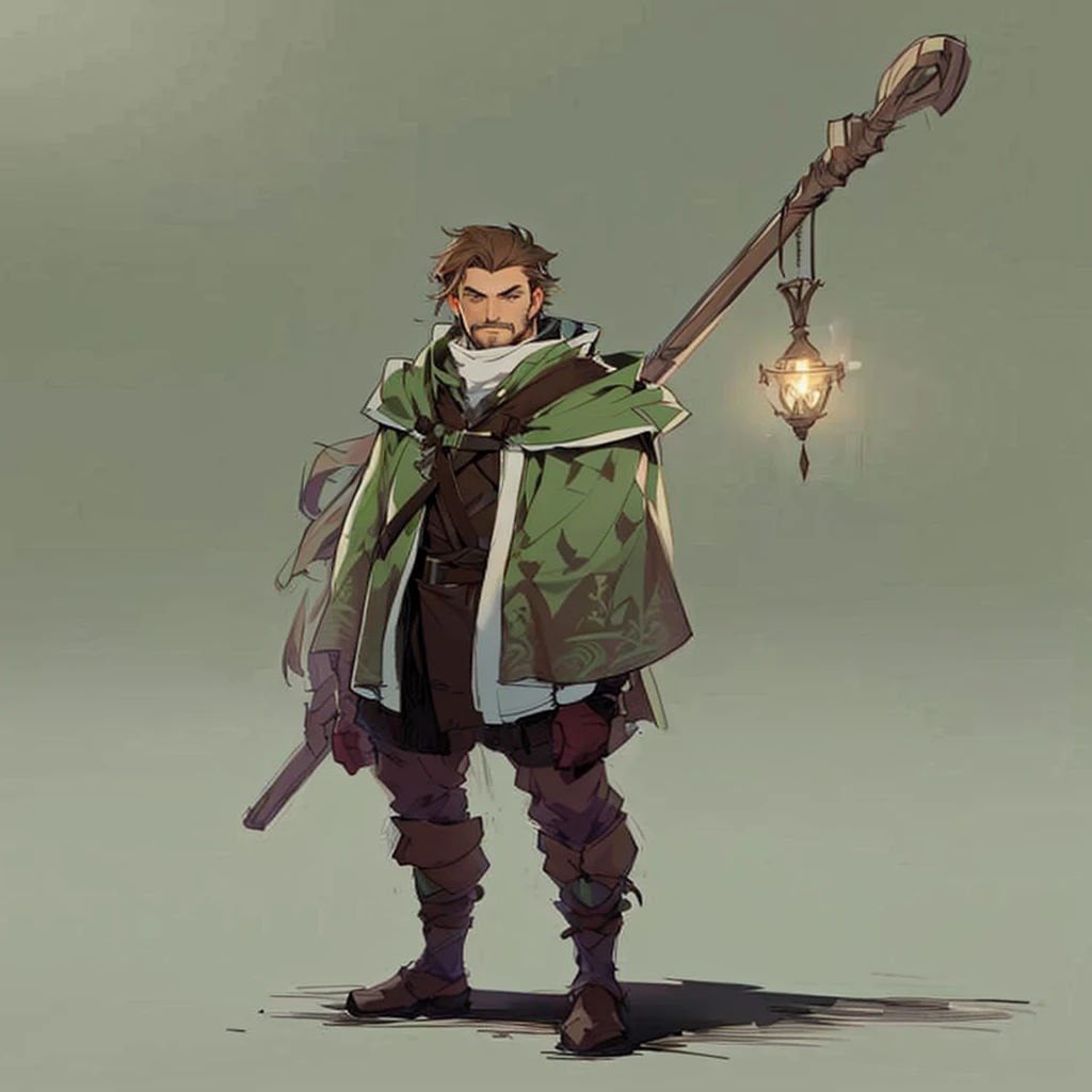 Close-up of a man in a staff costume,
((character concept art)), ((Character design sheet, same character, on front, from on the side, At the back))
 Character image,  medieval character design, medieval  character design, 
hair color: brown, 
Age: youth, eyecolor: green,
he has a goatee, 
He wears gloves on his hands,
He wears a large light green cape over his brown clothes. 
He is a researcher, his short brown hair is always trimmed and clean.