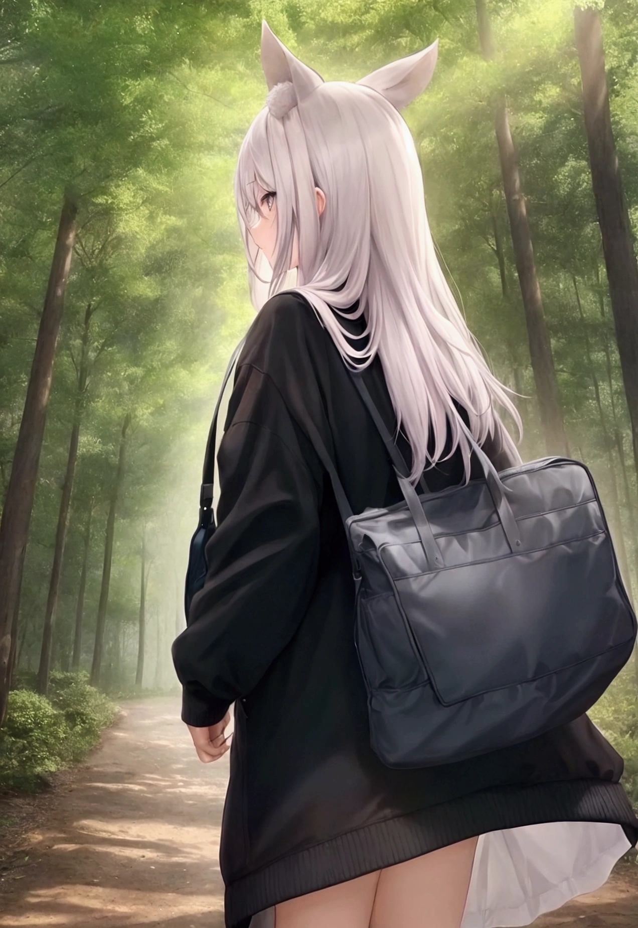 CREATE ME THE MANGA IMAGE OF A WALKING THROUGH THE FOREST SEEN FROM THE BACK THE WEATHER IS AT NIGHT AND IT IS ANIME STYLE AND ALSO THAT HE IS DRAGING WITH HIS LEFT HAND A STUFFED RABBIT WITH LONG EARS AND IN THE OTHER HAND HE IS CARRYING A BAG AND EVERYTHING IN PENCIL DRAWING