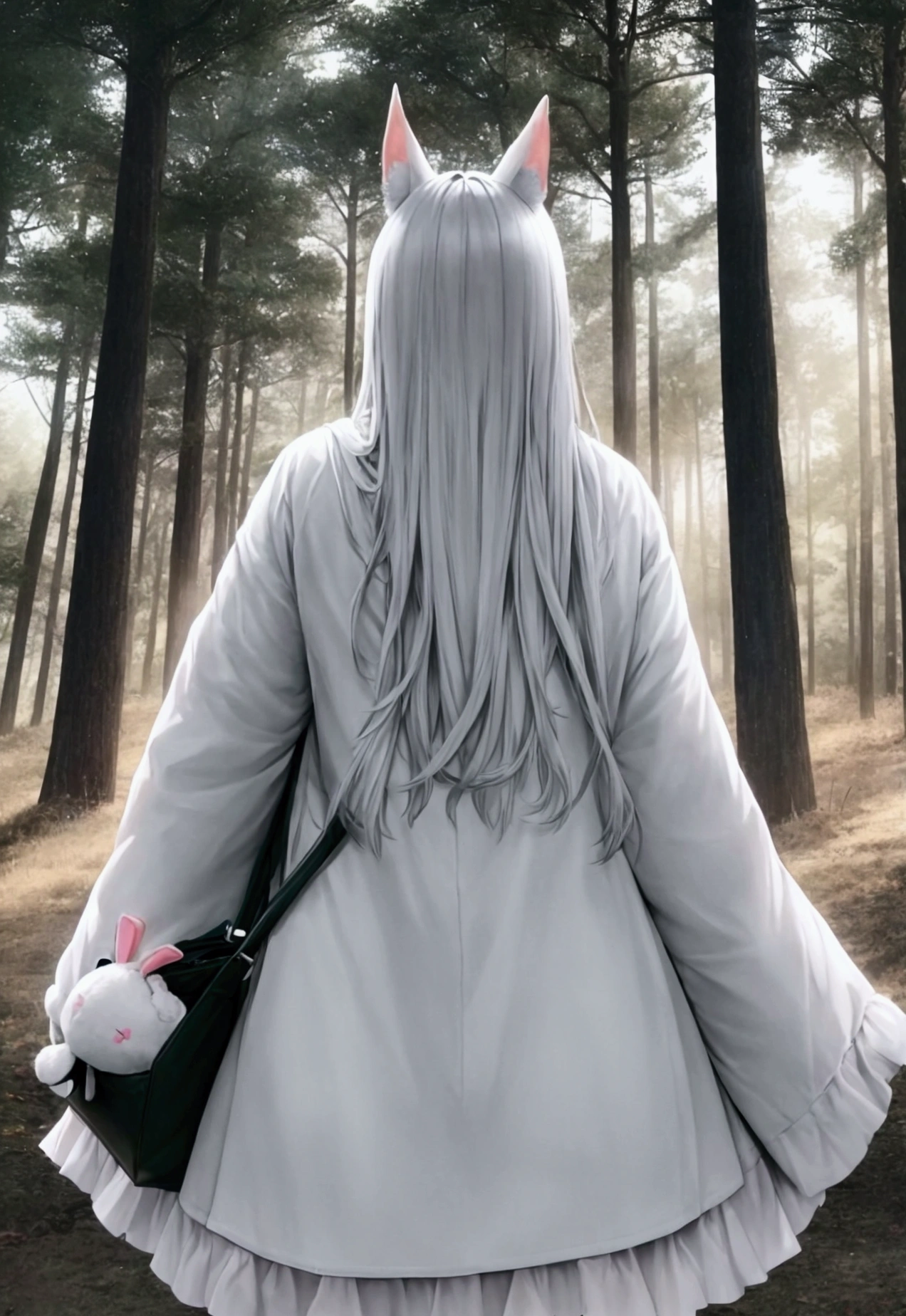CREATE ME THE MANGA IMAGE OF A WALKING THROUGH THE FOREST SEEN FROM THE BACK THE WEATHER IS AT NIGHT AND IT IS ANIME STYLE AND ALSO THAT HE IS DRAGING WITH HIS LEFT HAND A STUFFED RABBIT WITH LONG EARS AND IN THE OTHER HAND HE IS CARRYING A BAG AND EVERYTHING IN PENCIL DRAWING
