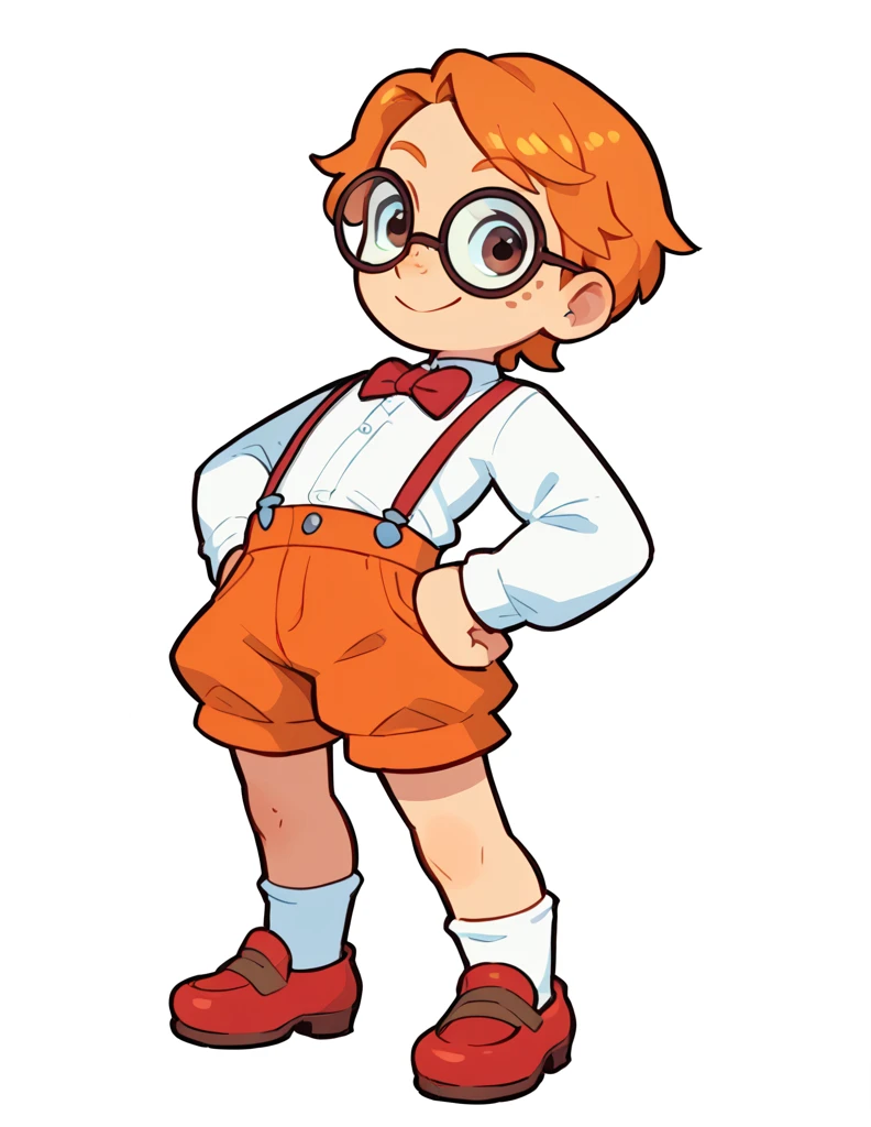 solo, The Q version of the cute human, male, orange hair, freckles, short hair, round eyeglasses, big eyeglasses, human ears, standing, hands in hips, proud stance, smiling, eyes looking at viewer, happy, smile, cute, white background, full body, red bowtie, preppy uniform, short pants, long white socks, old shoes, paperboy outfit, victorian outfit, suspenders, shorstack, chubby,