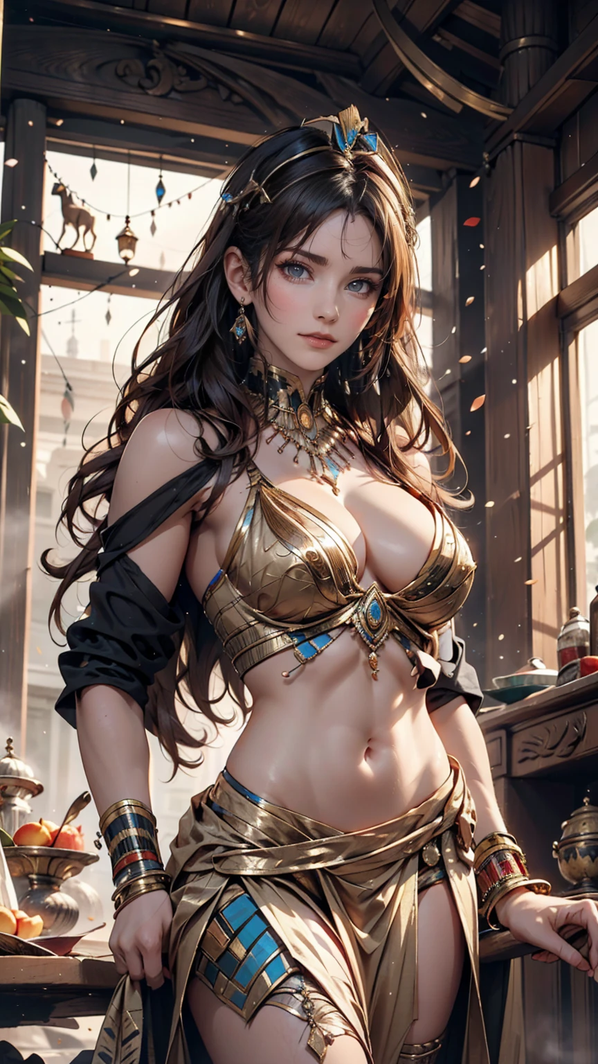 24-year-old ancient Egyptian woman、Ptolemaic Queen、Cleopatra、Unparalleled beauty、Black Hair、Iris、Straight bob hairstyle 、Straight bangs、Sexy proportions、Narrow waist、Ancient Egyptian Dynasty Accessories、Half naked