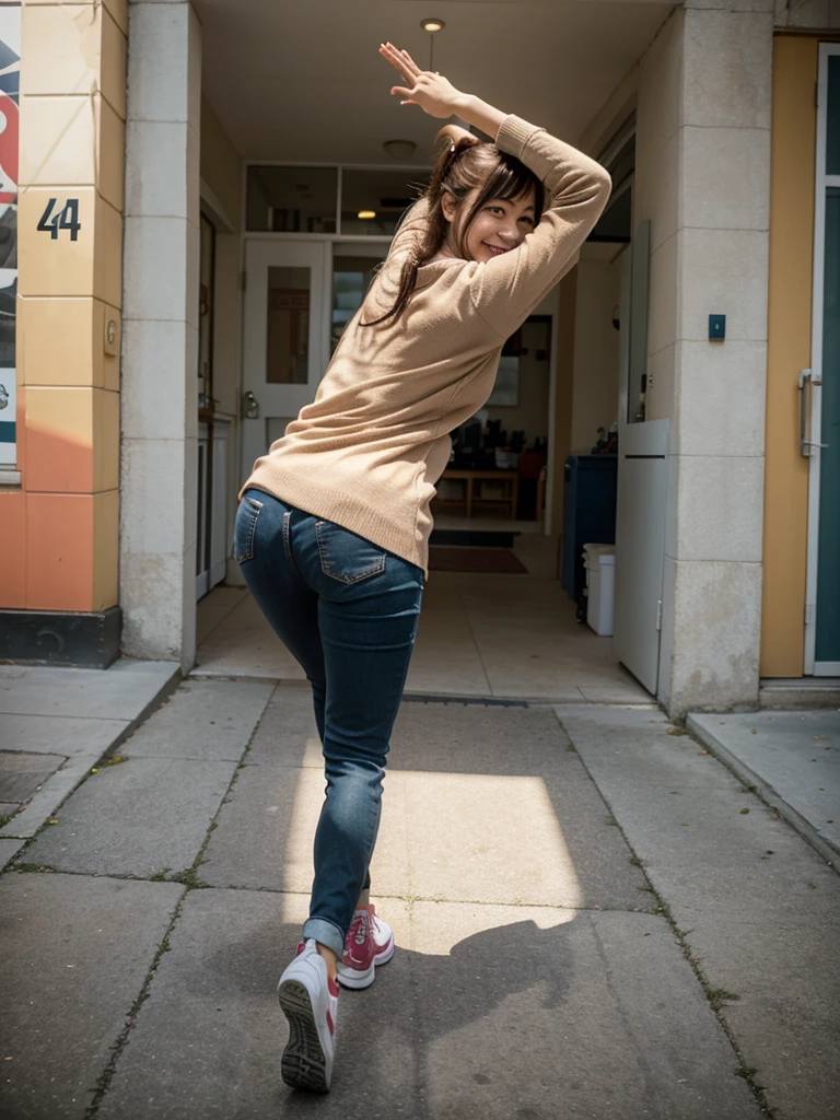anime photo of a woman walking, then she looks back and stretches out her hand, and her facial expression is smiling and happy