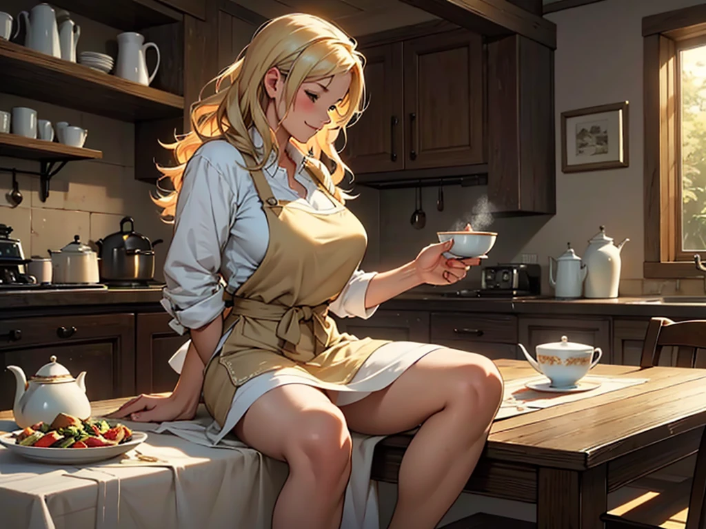 a mature woman with big round pump breasts,deep cleavage,thick thighs,fleshy thighs,long legs,holding a banana。spreading her legs,underwear,open her legs,the golden-haired housewife now sitting at her dining table. The room is filled with the comforting aromas of a freshly prepared meal. The table is set with fine china and silverware, each piece reflecting the soft light of the setting sun that filters through the window panes. A large, rustic wooden table is the centerpiece of the dining area, its surface polished by years of family gatherings and shared meals. She sits with an air of casual elegance, her golden curls framing her face as she rests her elbows lightly on the smooth surface of the table. Perhaps there's a half-empty cup of tea before her, steam gently rising and curling into the air. The cream-stained apron has been discarded, revealing an outfit that suggests comfort blended with style. Her smile is warm and inviting, her eyes sparkling with a hint of mischief, ready to engage in lively conversation or share stories of the day. The atmosphere around her is one of tranquility and joy, a sanctuary created by her loving hands, where the cares of the world seem to melt away. It's a place where family and friends gather, where memories are made, and where the simple pleasures of life are celebrated.