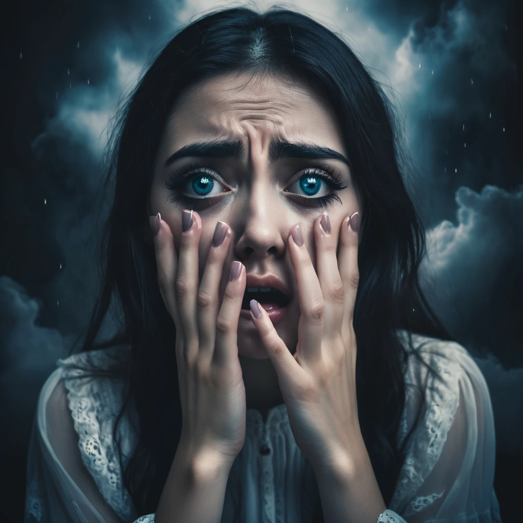 Make a dreamy mysterious horror style image symbolizing anxiety and hope, symbols of fingers crossed and crying eyes