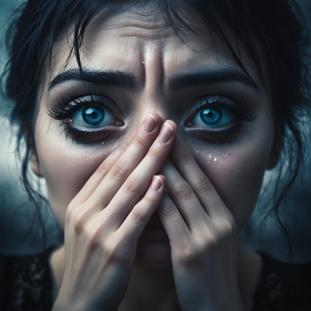 Make a dreamy mysterious horror style image symbolizing anxiety and hope, symbols of fingers crossed and crying eyes