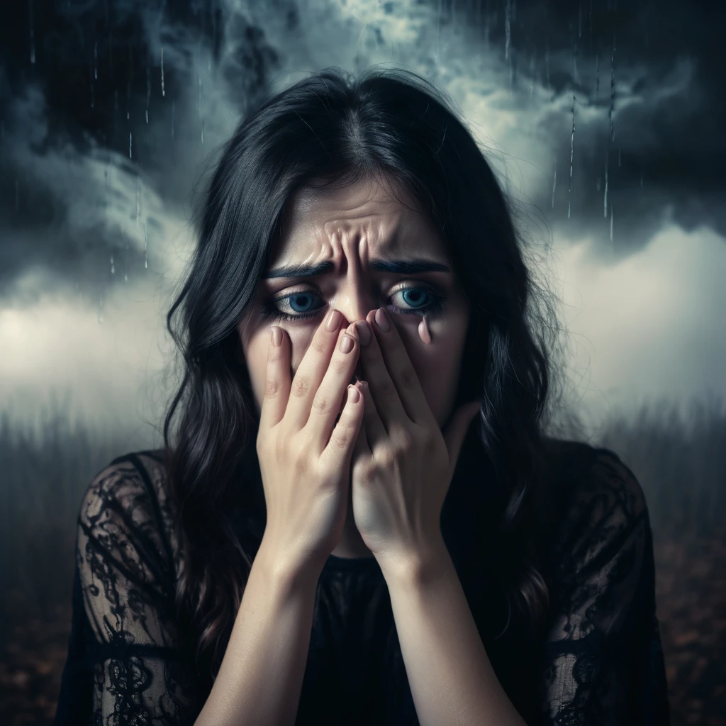 Make a dreamy mysterious horror style image symbolizing anxiety and hope, symbols of fingers crossed and crying eyes