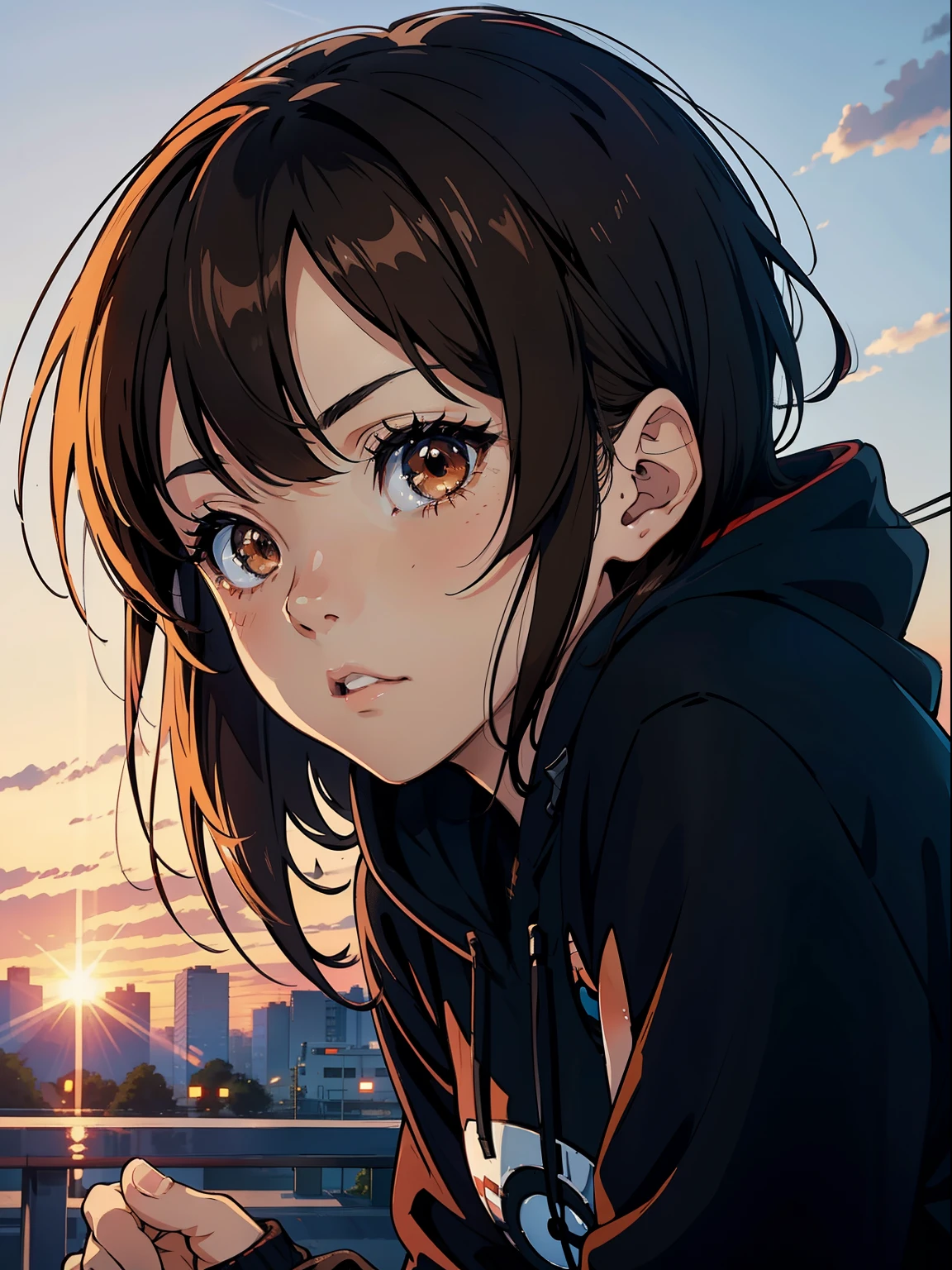 Extreme close-up of anime girl staring at camera with expressionless face, She has brown hair and brown eyes, Wearing a black hoodie. Shinkai Makoto style. Bokeh. depth of fields. Film grain. Sunset in the background.