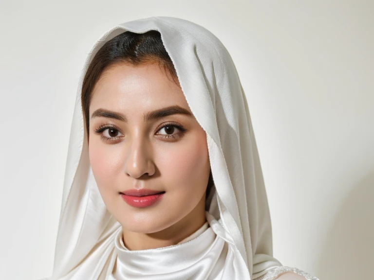 ((best quality)), ((masterpiece)), (detailed), (photorealistic:1.4) RAW photo of a 24 year old Arab girl wearing hijab, satin abaya, satin, hijab face portrait, neutral background, 8k uhd, dslr, soft lighting, high quality, film grain, Fujifilm XT3, covered dress, decent dress, white background