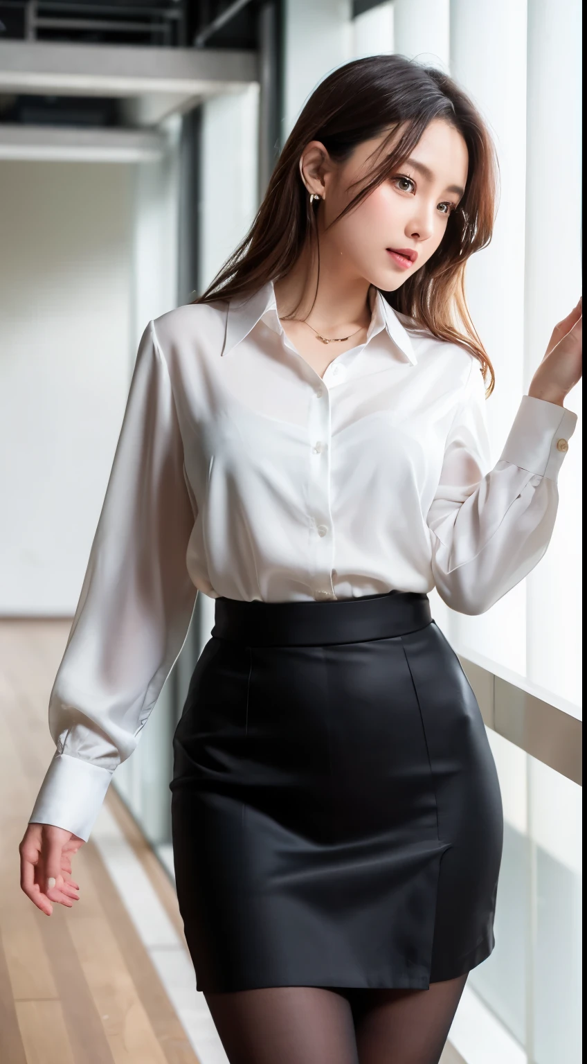 (((8k、High resolution、Highest quality、High resolution))), A beautiful and seductive mature elite secretary in a luxurious silk blouse、40 years、height 154cm、Well-proportioned body type、Hourglass illustration、Skirt and thighs、Walking the hallway、Office Clothes, (Wearing pantyhose,Realistic pantyhose)、Working in the office、Wearing a satin blouse, Ultra-thin fabric、Smooth、See-through fabric、Wear high-quality high heels、 Blouse Girl, Wearing an elegant blouse, Wearing a very thin blouse, Businesswoman, Blouse and skirt, Wearing a silk blouse, Wear a shirt and skirt, Japanese Goddess、RAW Photos, (8k、Highest quality、masterpiece:1.2)、(Intricate details:1.4)、(Photorealistic:1.4)、Octane Rendering、Complex 3D rendering with ultra-detail, Studio Soft Light, Rim Light, Vivid details, Super Detail, Realistic skin texture, Detailed aspect, Beautiful details in the eyes, Highly detailed CG Unity 16k wallpaper, compensate, (Detailed Background:1.2), Glowing Skin、looked back、Exposed thighs!!!,