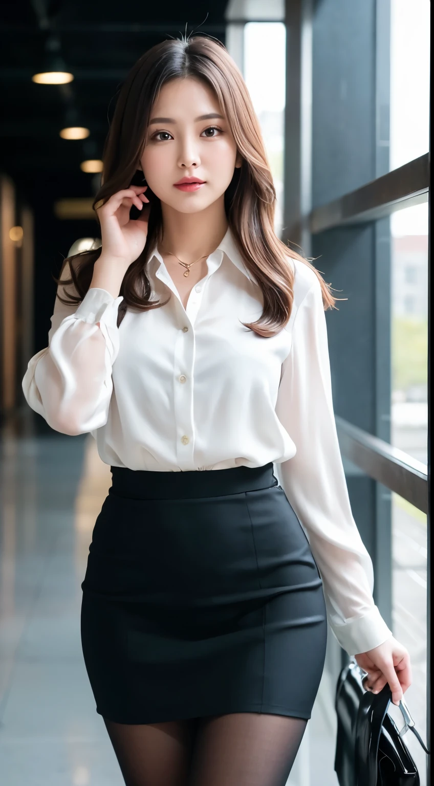 (((8k、High resolution、Highest quality、High resolution))), A beautiful and seductive mature elite secretary in a luxurious silk blouse、40 years、height 154cm、Well-proportioned body type、Hourglass illustration、Skirt and thighs、Walking the hallway、Office Clothes, (Wearing pantyhose,Realistic pantyhose)、Working in the office、Wearing a satin blouse, Ultra-thin fabric、Smooth、See-through fabric、Wear high-quality high heels、 Blouse Girl, Wearing an elegant blouse, Wearing a very thin blouse, Businesswoman, Blouse and skirt, Wearing a silk blouse, Wear a shirt and skirt, Japanese Goddess、RAW Photos, (8k、Highest quality、masterpiece:1.2)、(Intricate details:1.4)、(Photorealistic:1.4)、Octane Rendering、Complex 3D rendering with ultra-detail, Studio Soft Light, Rim Light, Vivid details, Super Detail, Realistic skin texture, Detailed aspect, Beautiful details in the eyes, Highly detailed CG Unity 16k wallpaper, compensate, (Detailed Background:1.2), Glowing Skin、looked back、Exposed thighs!!!,