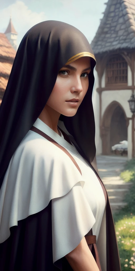 Beautiful woman portrait, , ((Nuns)), Model shooting style, (Highly detailed CG Unity 8k wallpaper), Full body photos of the most beautiful works of art in the world, Professional, majestic oil painting by Ed Blinky, Atey Gailan, Studio Ghibli, Jeremy Mann, Greg Manchess, Antonio Moro, Trending on Art Station, Trending on CGSociety, Complex, Attention to detail, Sharp focus, dramatic, Photorealistic paintings by Midjourney and Greg Rutkowski、Medieval village