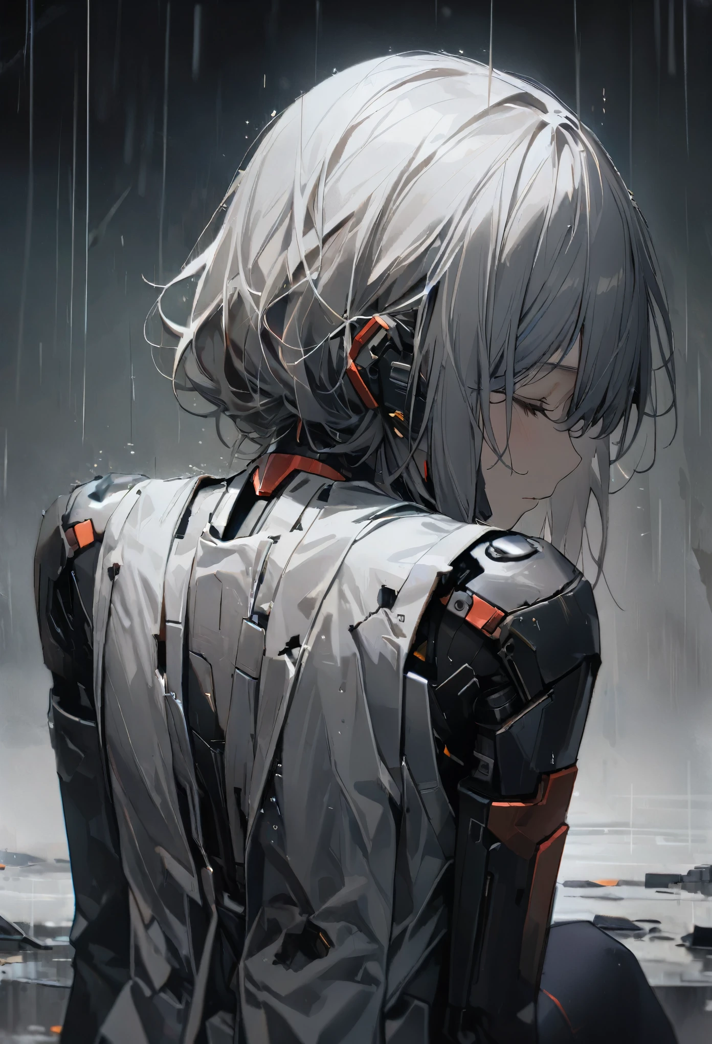 (8k, Highest quality)、Ultra-high resolution、Adorable、Highest quality, beautiful, Absurd beauty、masterpiece、Best image quality、Rainy old background,Broken Android,A sad and poignant work,Grey World,An android girl who still believes despite being abandoned by humans.close-up,Looking up at the sky,profile,Short Hair,cute,The rain hits my face and looks like tears