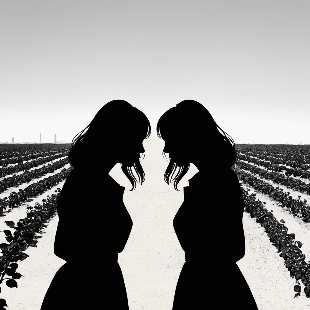 PStyl3, urban landscape, negative space, abstract, 2 women in profile, back to back, one with her head down and the other looking at the horizon, proud and confident, black roses