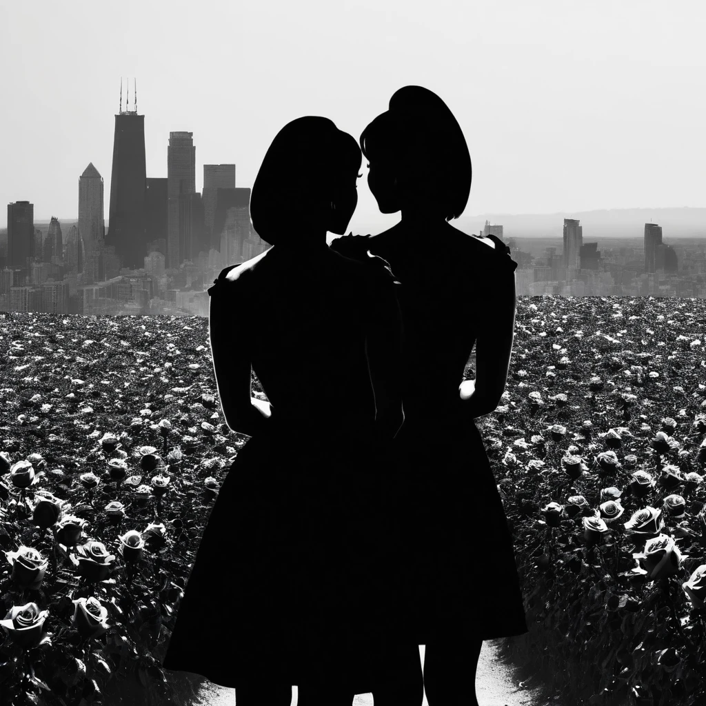 PStyl3, urban landscape, negative space, abstract, 2 women in profile, back to back, one with her head down and the other looking at the horizon, proud and confident, black roses