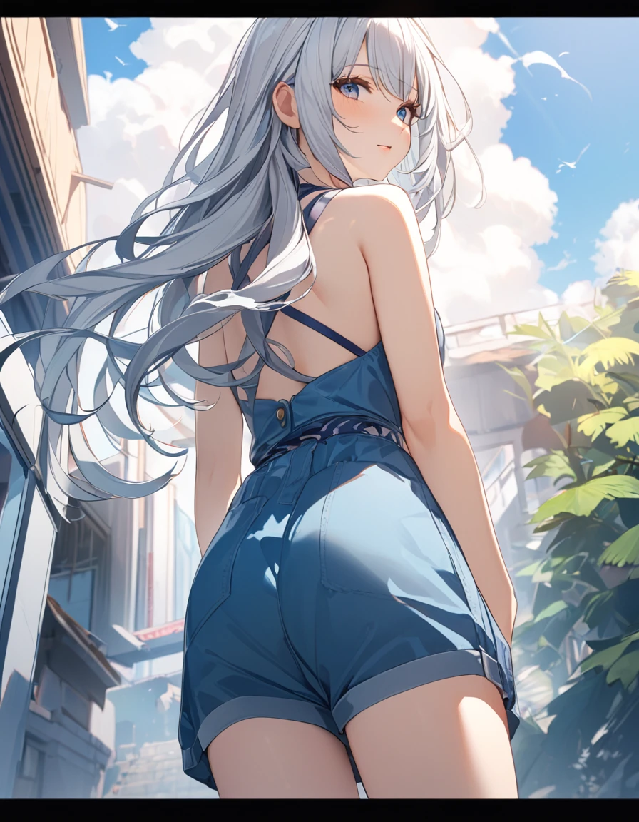 8k, Highest quality, masterpiece, Wallpapers by Unity 8k, (One Girl) , 17 years old、cute、(((Silver Hair))),(Her hair color is a blue-gray gradient), Medium long hair Beautiful breasts, Summer fashion、one piece、blue sky、from behind, from below