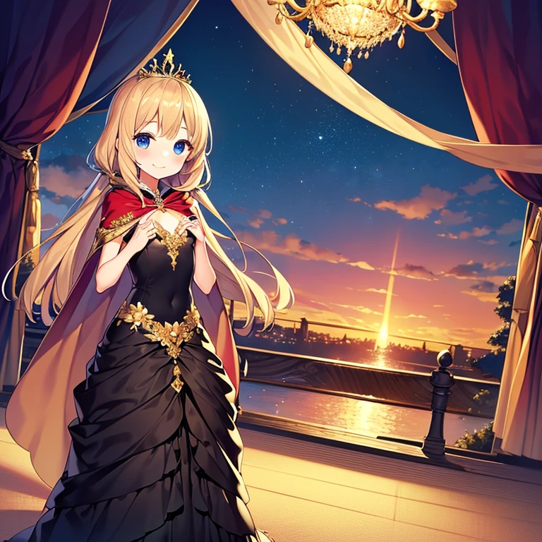 best quality,(long train cape:1.15),(long train ball gown with floral decoration:1.15), a girl is wearing a cape over her dress, anime style, rococo style, little princess, tiara, kind smile, very long hair, small breast, perfect fingers, masterpiece