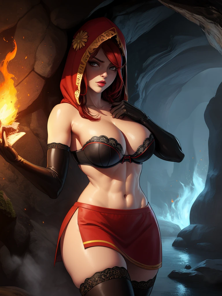Dsorceress, redhair, shadowy face,dark cave, fire, hood, shadowed face, strapless bra, slim and athletic body, miniskirt, no , elbow gloves, dark skin, 1 girl (insanely detailed, masterpiece, best quality)