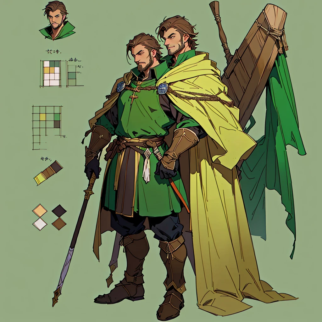 Close-up of a man in a staff costume,
((character concept art)), ((Character design sheet, same character, on front, from on the side, At the back))
 Character image,  medieval character design, medieval  character design, 
hair color: brown, 
Age: youth, eyecolor: green,
he has a goatee, 
He wears gloves on his hands,
He wears a large light green cape over his brown clothes. 
He is a researcher, his short brown hair is always trimmed and clean. D&D constume mage style.