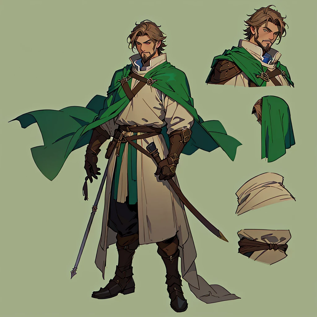 Close-up of a man in a staff costume,
((character concept art)), ((Character design sheet, same character, on front, from on the side, At the back))
Character image, medieval character design, medieval character design,
hair color: brown,
Age: youth, eyecolor: green,
he has a goatee,
He wears gloves on his hands,
He wears a large light green cape over his brown clothes.
He is a researcher, his short brown hair is always trimmed and clean. D&D constume mage style.