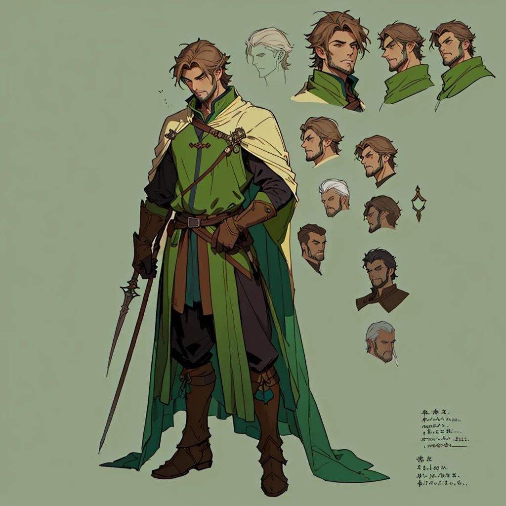 Close-up of a man in a staff costume,
((character concept art)), ((Character design sheet, same character, on front, from on the side, At the back))
Character image, medieval character design, medieval character design,
hair color: brown,
Age: youth, eyecolor: green,
he has a goatee,
He wears gloves on his hands,
He wears a large light green cape over his brown clothes.
He is a researcher, his short brown hair is always trimmed and clean. D&D constume mage style.