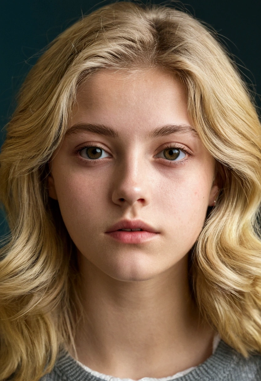 femme très réaliste, jeune, 17 ans, cheveux blond, trait de visage réaliste, regard la camera, espagnol, big , realist