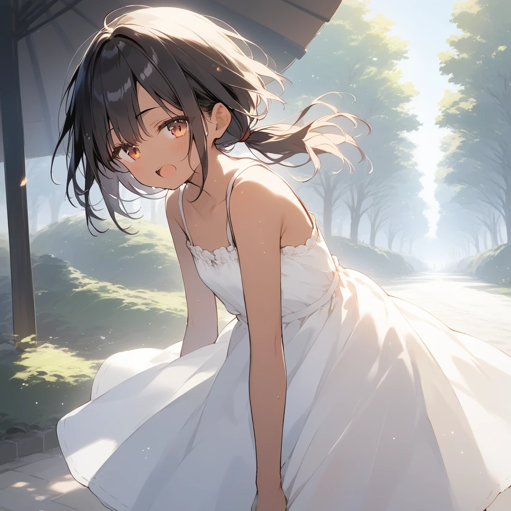 score_9, score_8_up, score_7_up, source_anime, best quality, masterpiece, official art, absurdres, highres, ultra-detailed,waifu2x,Collection: Slice of Life,break,1girl, tomboy, dark-skinned female, short hair, low ponytail, flat chest, beautiful detailed eyes, sundress, sun hut, sweat, open mouth, (yawn:0.3), sleepily, outdoors, park, wind,break,(clear line illustration:1.2), super detailed skin,very high resolution, very aesthetic, Best sexual lighting powered by famous artist, 8k,cute picture,beauty illustration,photoshop_(medium),,(Detailed Lighting),best anime 8k konachan wallpaper, pixiv contest winner, 