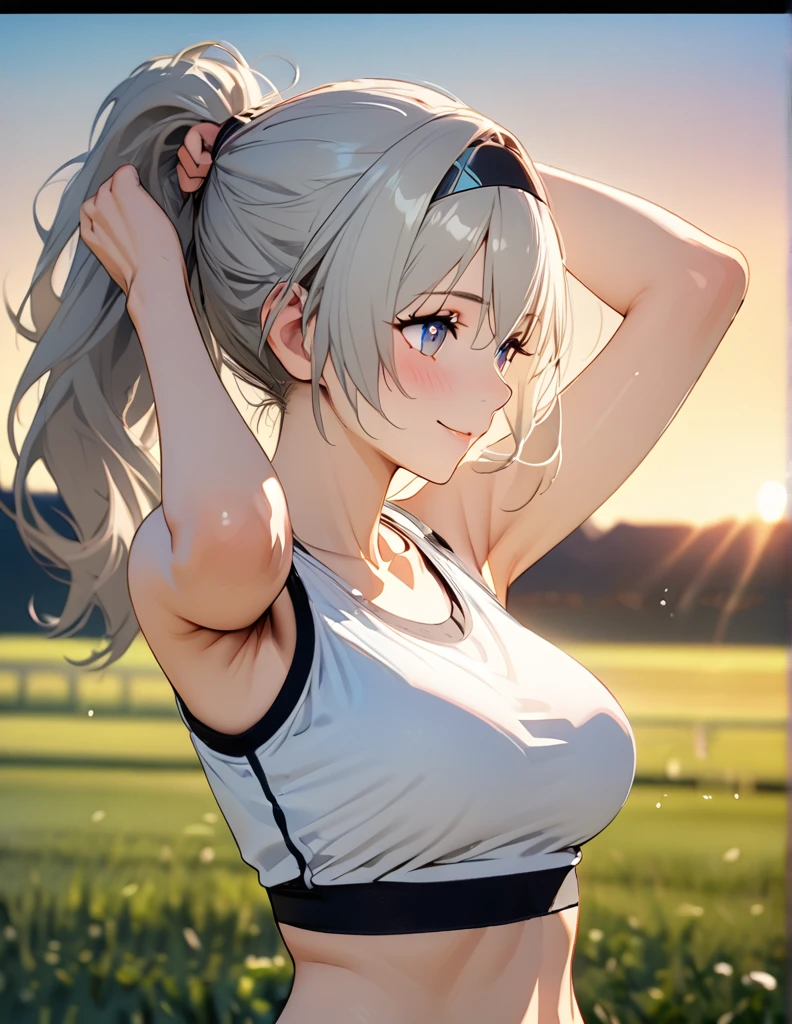 beautiful girl, long grey hair, tying her hair into ponytail, beautiful face,smiling,close up to hips, beautiful breast, warming up for jogging on field, illustration,detailed textures(realists),ultra-detailed,portrait style,vivid colors,soft lighting, blushing, mature, hair fluttering, evening light , head band, ((half body)), wearing simple workout shirts with sport bra, perky. ((side profile until hips)), very shy