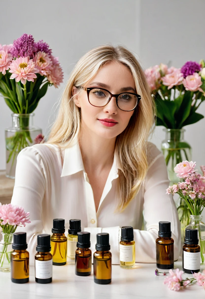 A blonde woman in glasses with several bottles of perfumes and essential oils on a table with flowers making perfumes